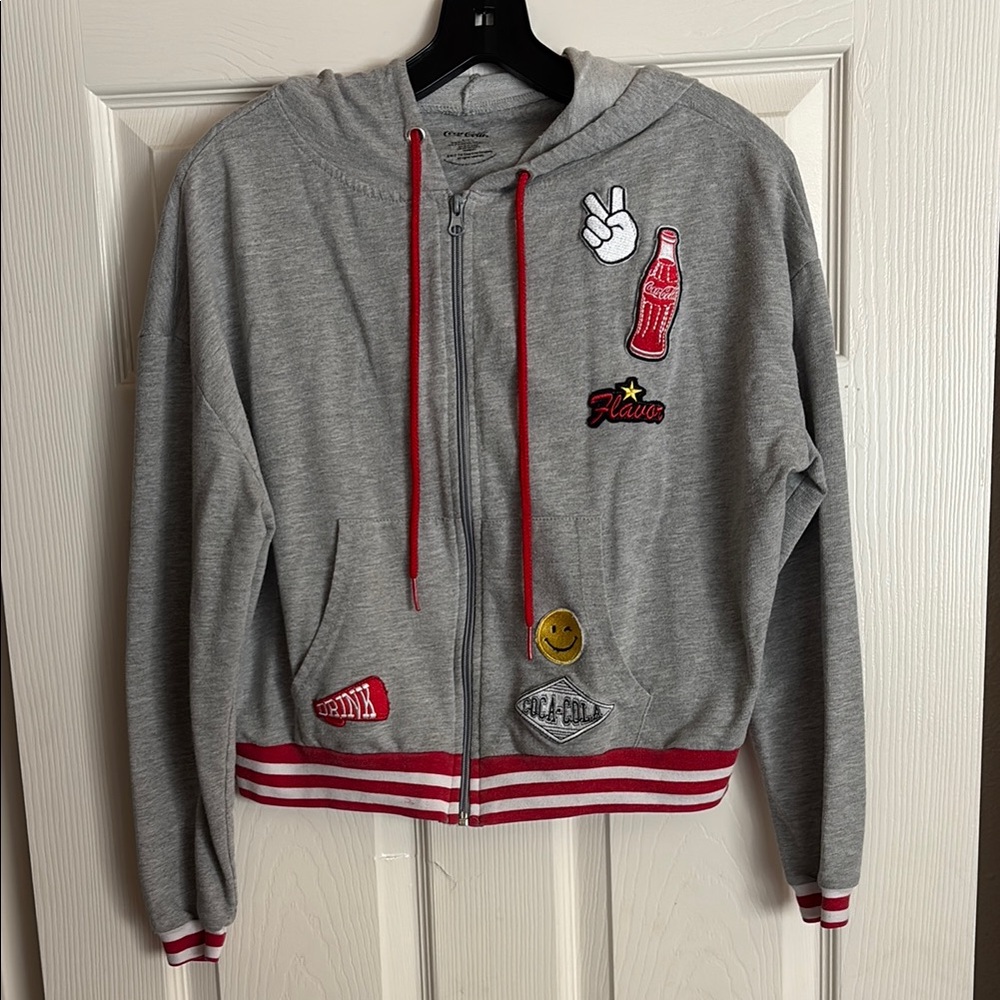 Coca Cola Brand Gray Hoodie with Red Accents and Patches